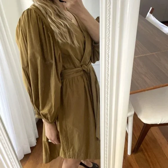 YAS Medium 10 Mustard Long Sleeve Dress RRP $129 Balloon Knee Length Ermi Cotton - Picture 9 of 12